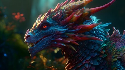 AI generated illustration of a vibrant, multicolored dragon illuminated by a glowing light