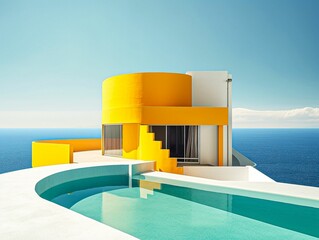 AI generated luxury yellow house in beach surrounded by water