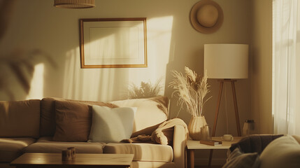 Warm Cozy Living Space with Comfortable Sofa and Soft Textures in Golden Light