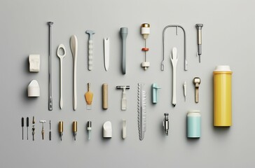 AI generated  array of various dental tools on a solid gray background - obrazy, fototapety, plakaty