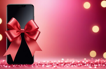 Black smartphone with red bow on pink background