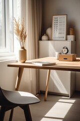 Contemporary wooden table and chair illuminated by natural light. AI-generated.