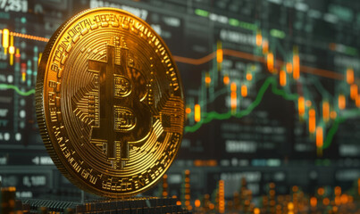 Bitcoin Golden Cryptocurrency: Illuminating the Future of Finance graph in background.