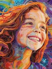 Face of a beautiful girl combined with multicolored abstract background. Hazel-eyed teenage girl with auburn waves, her laughter echoing amidst the surreal landscapes of the Ahaggar Mountains. 