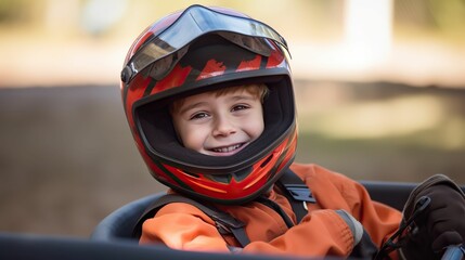 AI generated illustration of a cute child in a motorcycle helmet smiling
