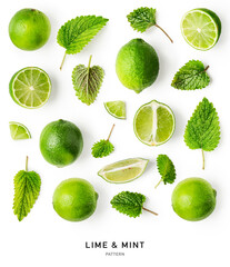 Lime citrus fruits and mint leaves pattern isolated on white background.