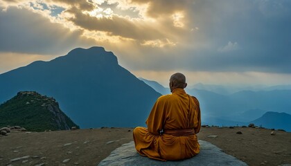 AI generated illustration of a monk sitting on a rock and meditating at sunrise