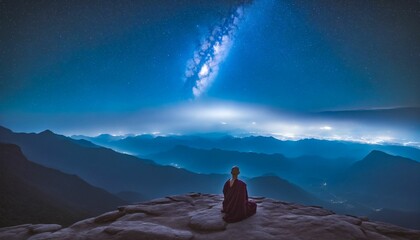 AI generated illustration of a monk sitting on a rock and meditating at night - obrazy, fototapety, plakaty
