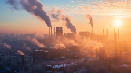 Urban factories and smoking chimneys. Environmental pollution problem. Smoke-polluted industrial city. Depressive urbanism - obrazy, fototapety, plakaty