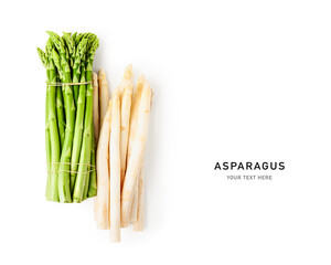 Fresh green and white asparagus creative layout isolated on white background.