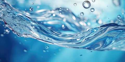 liquid falling into a blue surface, water bubbles background, blue water