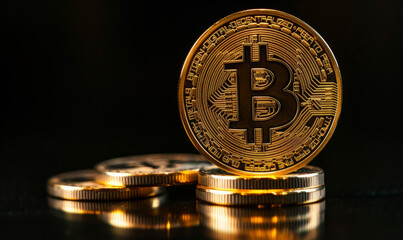 Stack of bitcoins, golden coins, cryptocurrency  on a black background