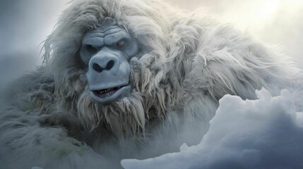 AI generated illustration of a scary white, furry snow creature