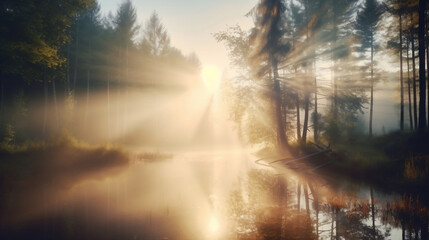AI generated illustration of sunrise over a tranquil lake surrounded by green trees