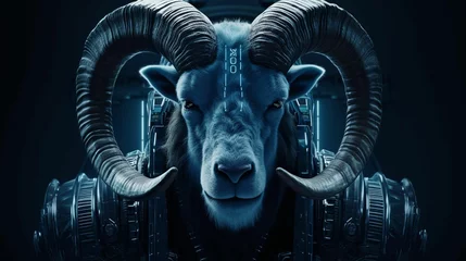 Foto op Plexiglas An AI illustration of the evil looking horned goat is wearing chains on his head © Wirestock