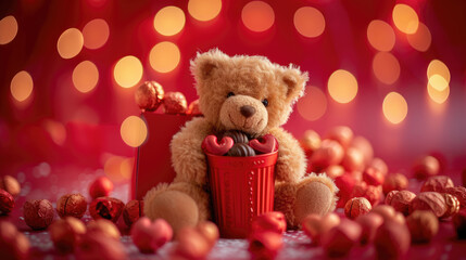 A cute teddy bear holding a heart shaped chocolates in box , gift