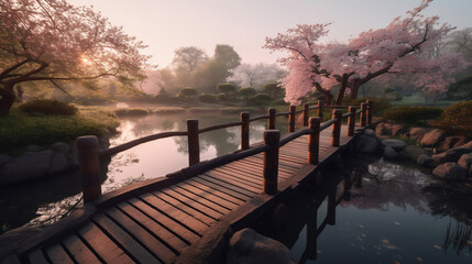 AI generated illustration of a wooden bridge over a tranquil lake, surrounded by sakura trees