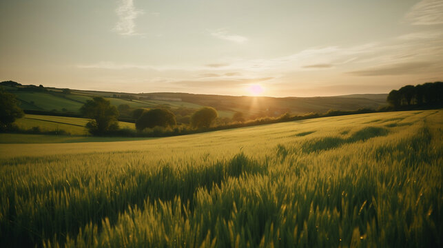 AI generated illustration of a beautiful landscape of summer sunset over a grassy field
