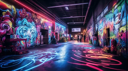 Crédence de cuisine en verre imprimé Graffiti Psychedelic neon graffiti illuminates a dark alley in vibrant colors, blending surrealism and urban grit.
