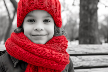 AI generated illustration of a selective color of a child wearing a red hat and scarf