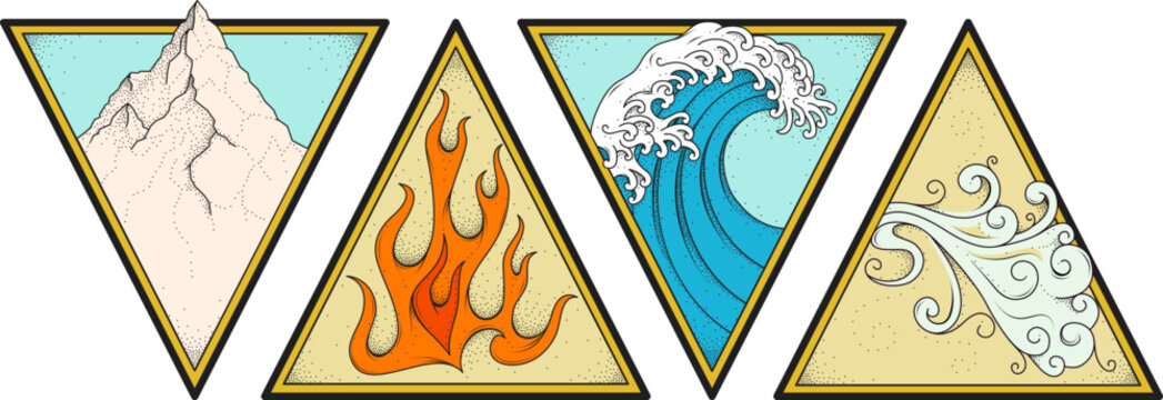 Set of four main elements as ground, fire, water, air. Good for tattoo, prints and stickers