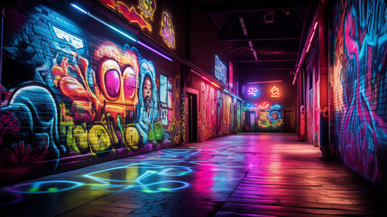 Psychedelic neon graffiti illuminates a dark alley in vibrant colors, blending surrealism and urban grit.