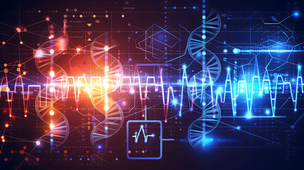 Futuristic Dna Structures with Digital Data and Heartbeat Monitor Concept
