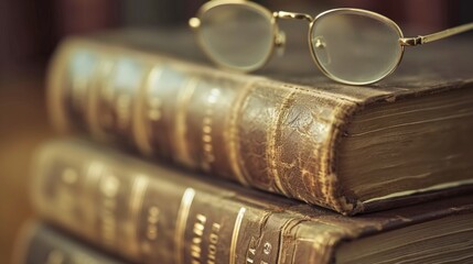 Still life of antique books and spectacles. AI generated.
