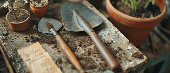 Still life of vintage gardening tools. AI generated.