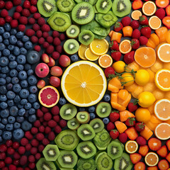 Assortment of colorful fresh fruits, neatly organized.