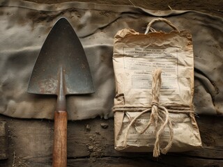 Still life of rustic shovel and packaged goods. AI generated.
