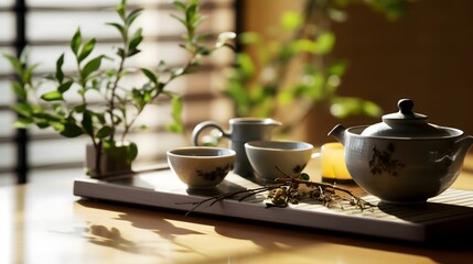 the tea set has tea cups on it near a small pot