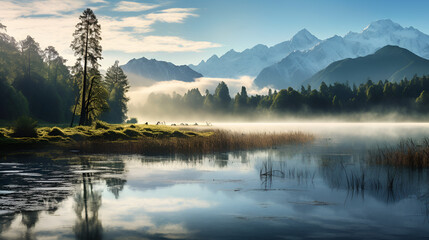 Dreamlike Vistas: Journeying Through the Misty Splendor of Landscape View, Lake Matheson, as Mountains Awaken at Dawn