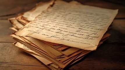 Still life of vintage letters on wooden surface. AI generated.