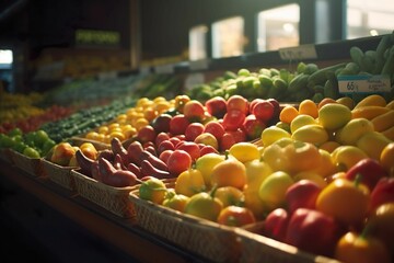 AI generated illustration of an array of fresh produce displayed on shelves in a grocery store