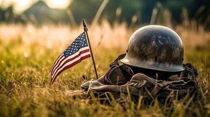 AI generated illustration of an old military helmet and shoes resting on grass with an American flag - obrazy, fototapety, plakaty
