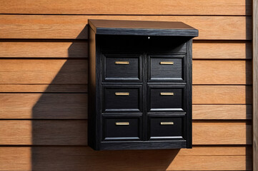 Black wooden Mailbox in an house residential building outside. Modern numbered mailbox box outdoors, creative design mail backgrounds. Urban correspondence concept. Copy ad text space. Generated Ai
