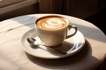 white Cup of coffee and coffee beans on wooden table 
