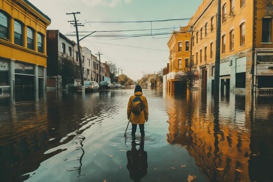 AI Generated Illustration Of A Man Walking In A Flooded City Street