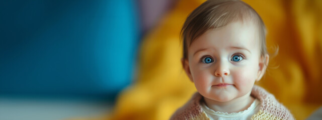 happy smiling one year old baby girl in yellow clothes looking flirty into the camera. Cute 1 year old Caucasian girl looks up at camera with big bright eyes. - obrazy, fototapety, plakaty