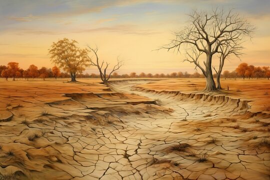 AI generated illustration of a cracked and dried-up land with dead trees