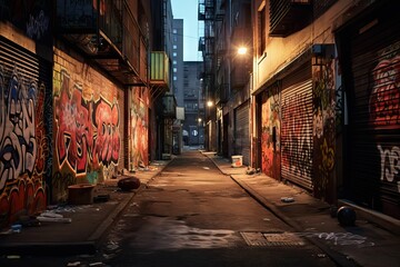 Fototapeta na wymiar AI generated illustration of a dark alleyway with looming shadows and graffiti-covered walls