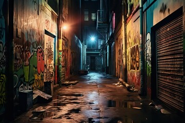 AI generated illustration of a dark alleyway with looming shadows and graffiti-covered walls - obrazy, fototapety, plakaty