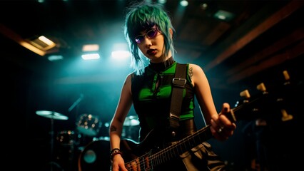 Obraz na płótnie Canvas AI-generated illustration of a girl with green hair in a music venue playing guitar