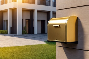Gold wooden Mailbox in an house residential building outside. Modern numbered mailboxes box outdoors, creative design mail backgrounds. Urban correspondence concept. Copy ad text space. Generated Ai