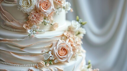 Elegant wedding cake with pastel roses. AI generated.