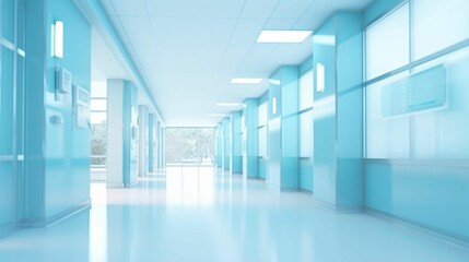 the long corridor with lots of blue walls is empty of people