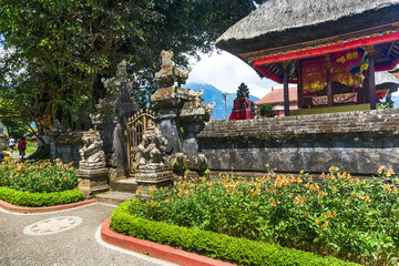 Ancient buildings of the Pura Ulun Danu Temple complex on the shores of Lake Bratan, Bali, Indonesia