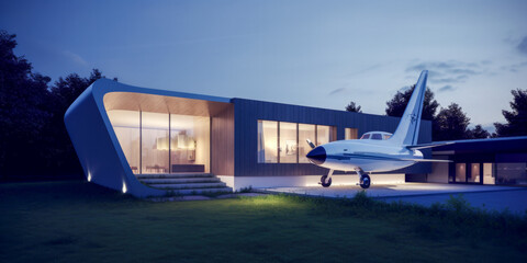 A modern house made by airplane parts, exterior view - obrazy, fototapety, plakaty