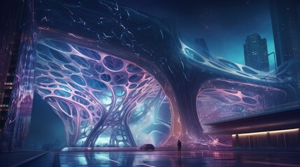AI generated illustration of a stunning futuristic building with vibrant illuminated colors